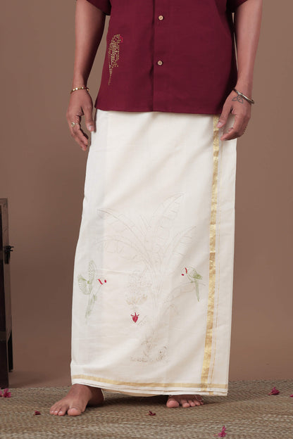 Vaazha Thopu Motif Screen Printed, Hand Embroidered & Hand Painted Mens mundu