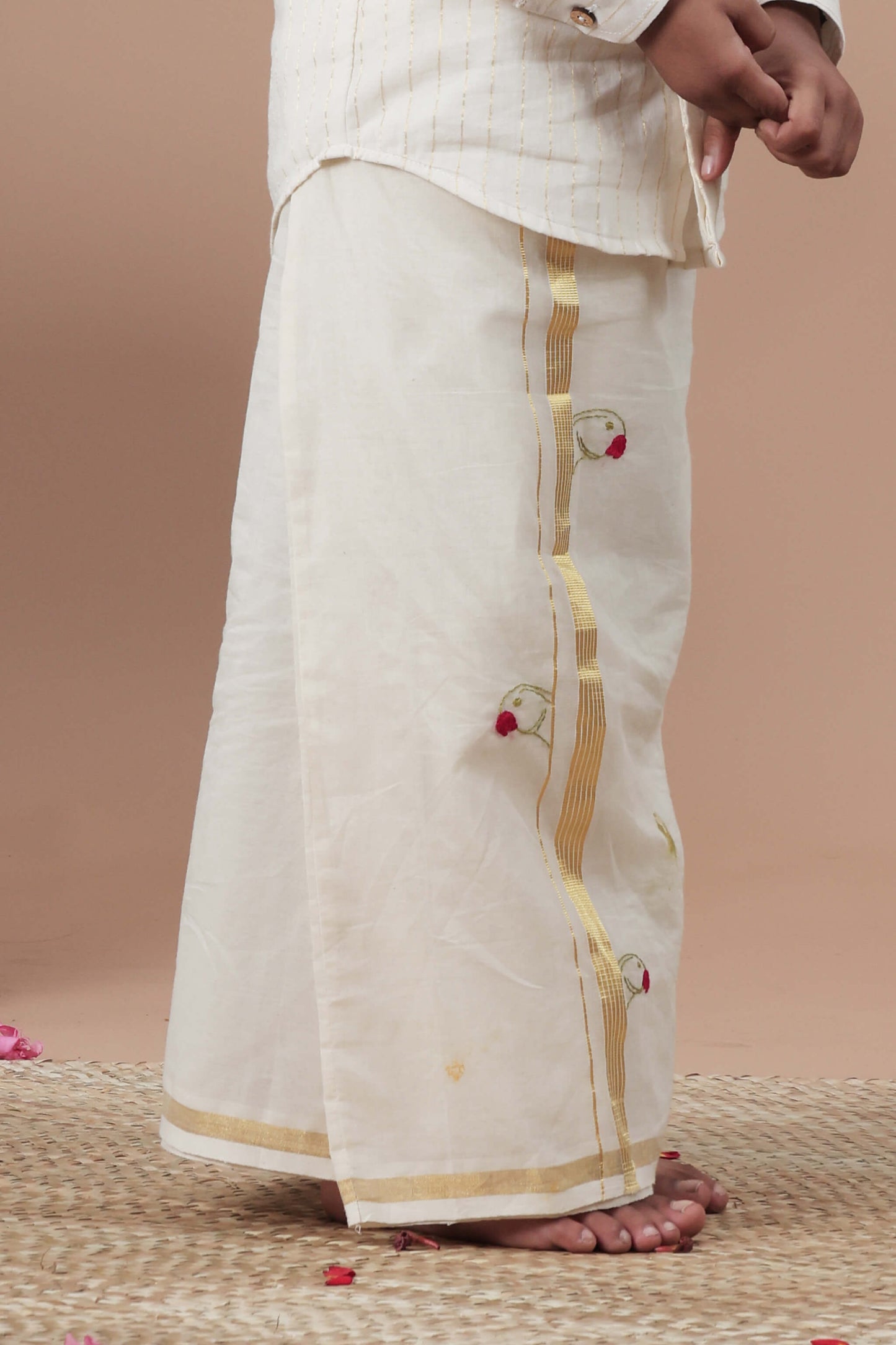 Parrot Hand Embroidery Kasavu Mundu with Golden zari for Kids