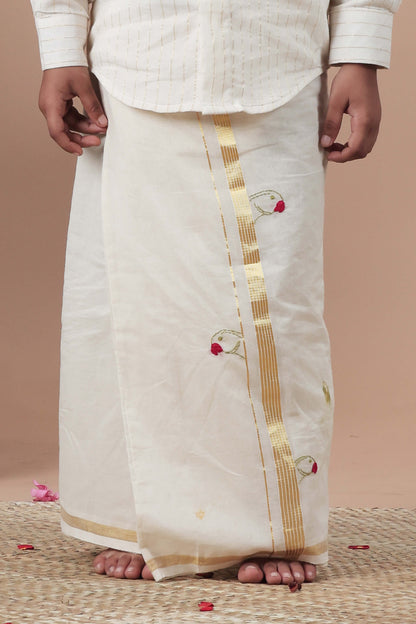 Parrot Hand Embroidery Kasavu Mundu with Golden zari for Kids