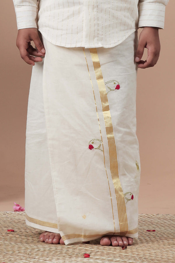Parrot Hand Embroidery Kasavu Mundu with Golden zari for Kids