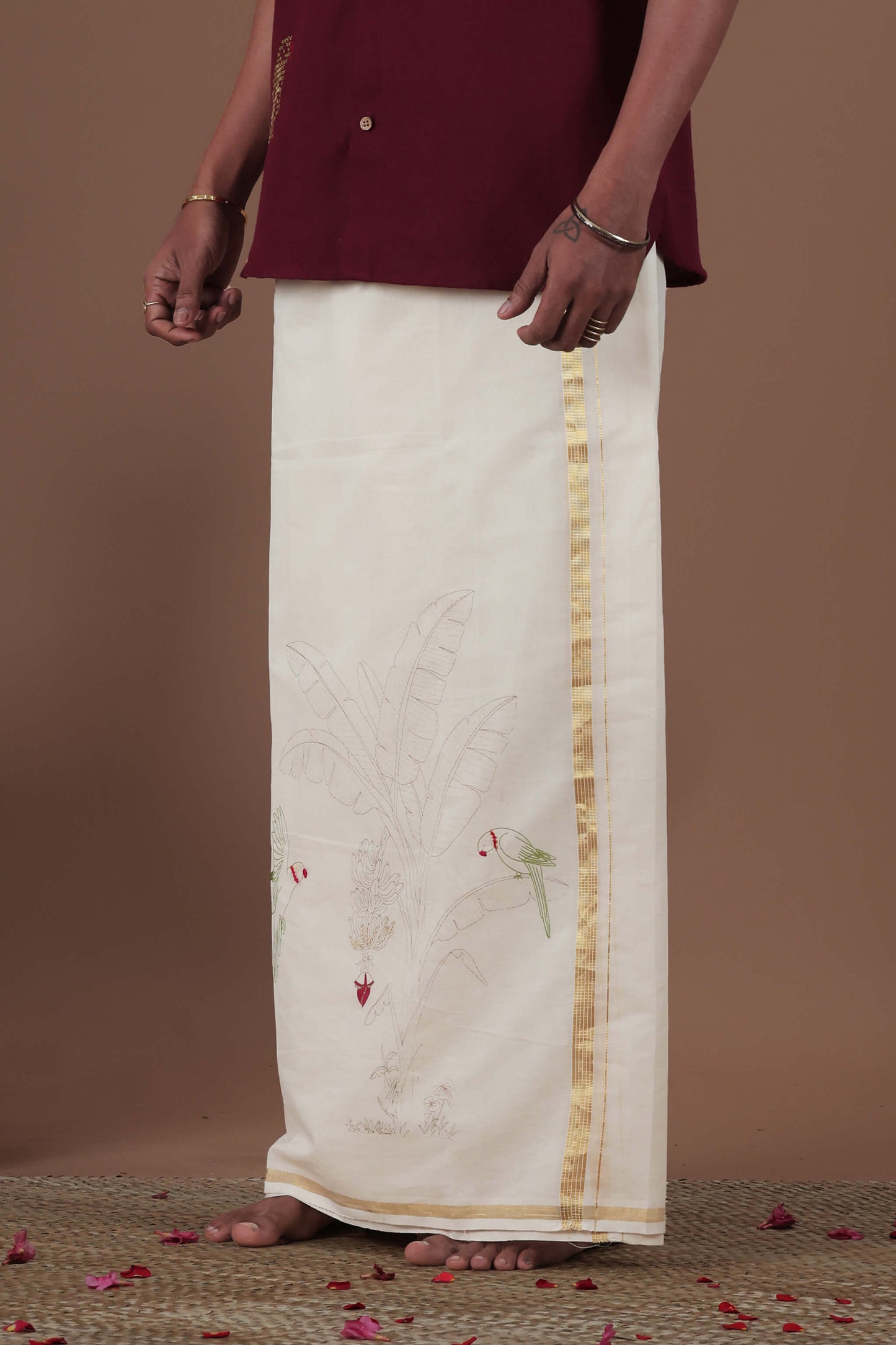 Vaazha Thopu Motif Screen Printed, Hand Embroidered & Hand Painted Mens mundu