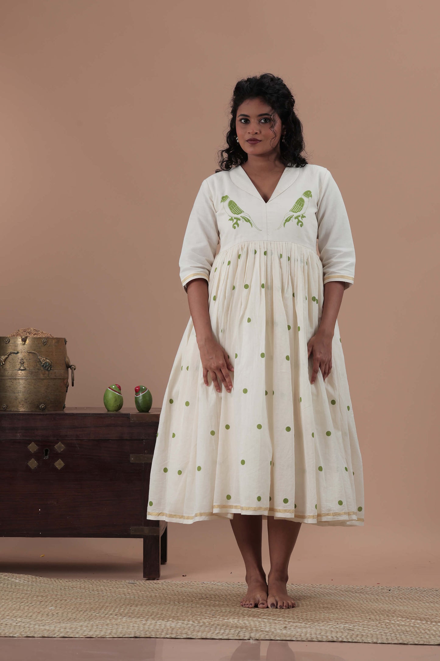 All over polka dots and parrot motif Dress