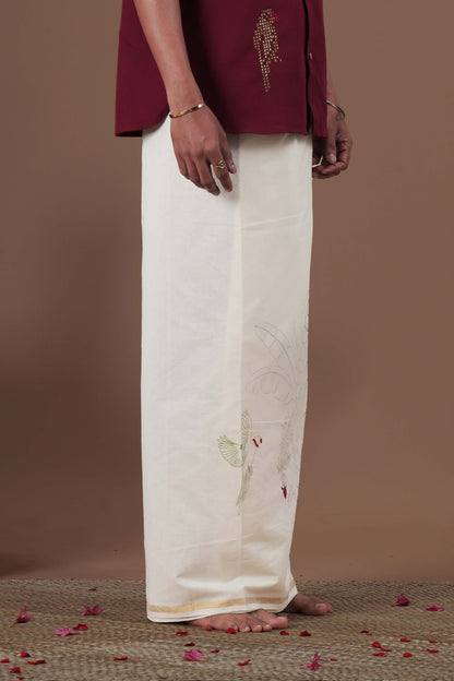 Vaazha Thopu Motif Screen Printed, Hand Embroidered & Hand Painted Mens mundu