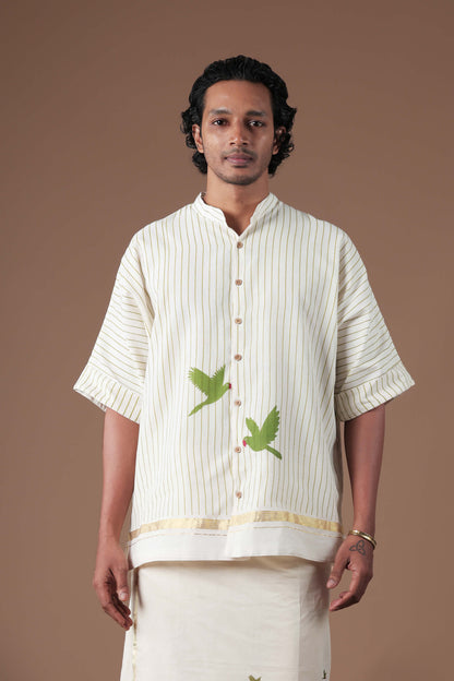 Vertical Stripes & Golden Kasavu Mandrain collar  Men's shirt