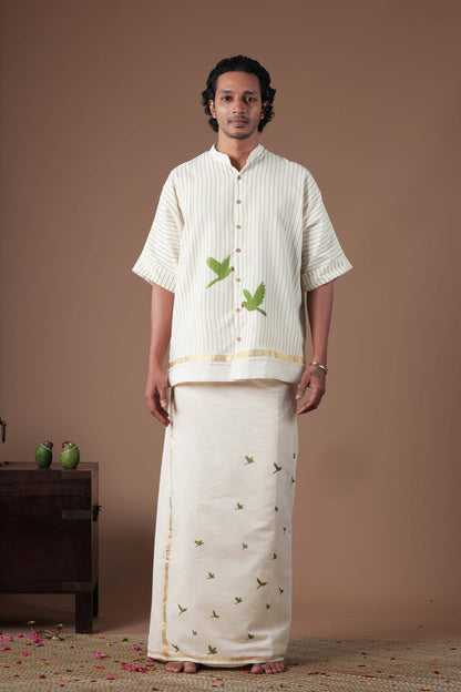 Vertical Stripes & Golden Kasavu Mandrain collar  Men's shirt