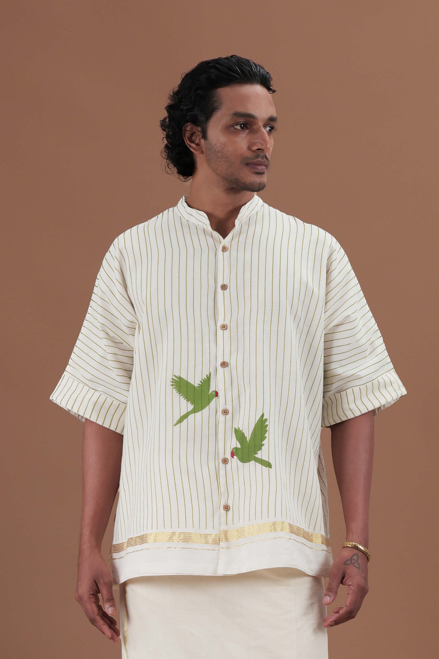 Vertical Stripes & Golden Kasavu Mandrain collar  Men's shirt