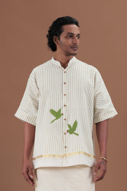 Vertical Stripes & Golden Kasavu Mandrain collar  Men's shirt