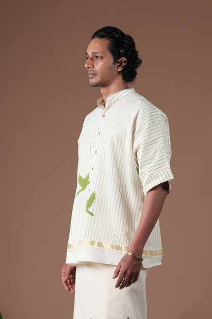 Vertical Stripes & Golden Kasavu Mandrain collar  Men's shirt
