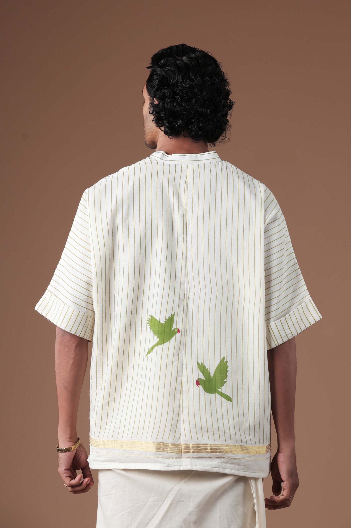 Vertical Stripes & Golden Kasavu Mandrain collar  Men's shirt