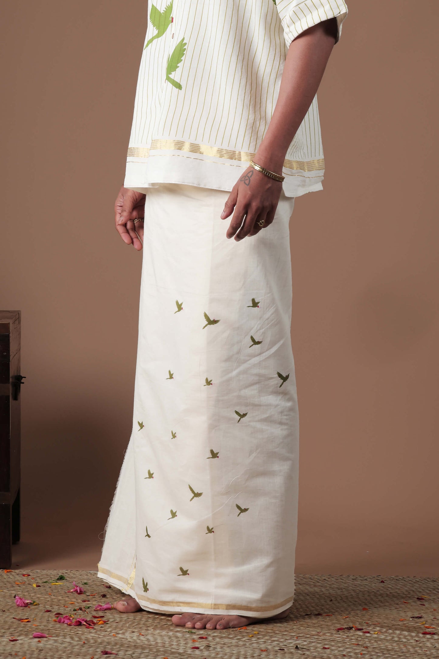 Flying Parrot Motif Hand Embroidered& Screen Printed mundu