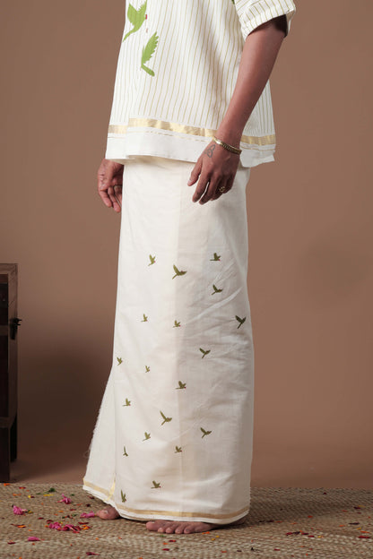 Flying Parrot Motif Hand Embroidered& Screen Printed mundu