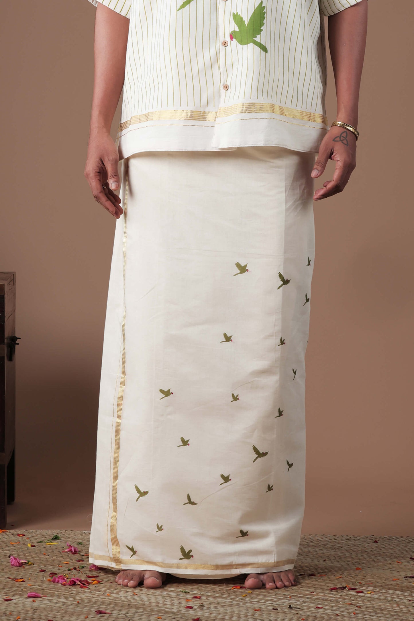 Flying Parrot Motif Hand Embroidered& Screen Printed mundu