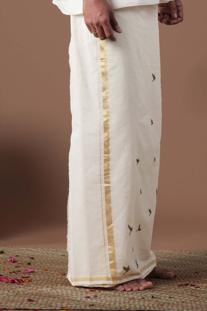 Flying Parrot Motif Hand Embroidered& Screen Printed mundu