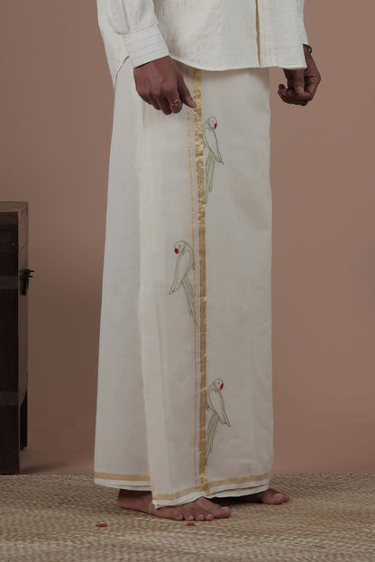 Parrot Motif Hand Embroidered Along Kasavu mundu