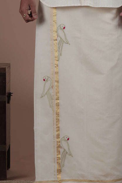 Parrot Motif Hand Embroidered Along Kasavu mundu