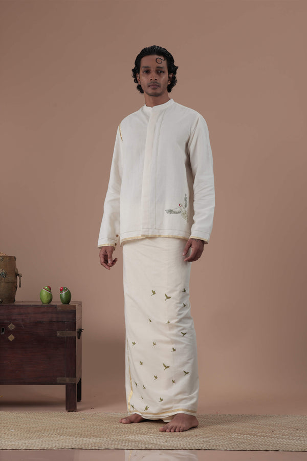Mandrain Collar Parrot Motif Hand Embroidered  Men's shirt