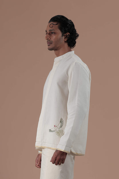 Mandrain Collar Parrot Motif Hand Embroidered  Men's shirt