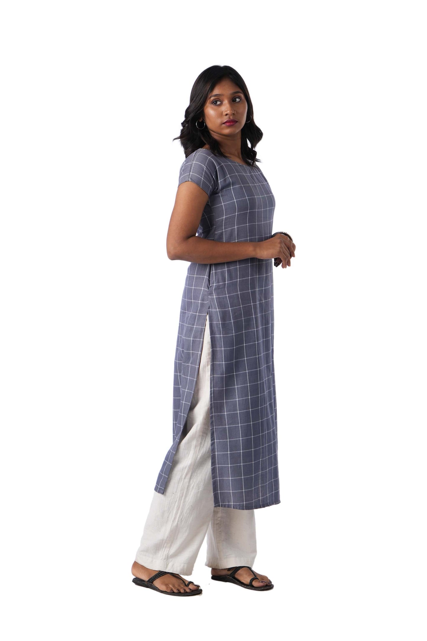 Grey Check Kurta with side Embroidery