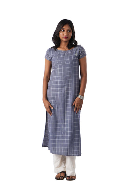 Grey Check Kurta with side Embroidery