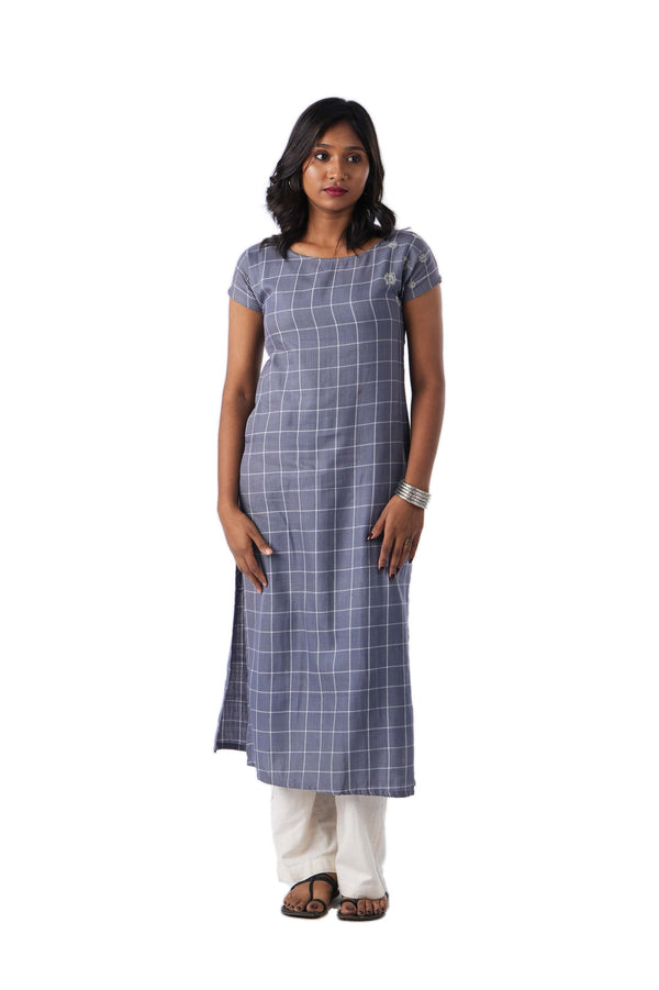 Grey Check Kurta with side Embroidery
