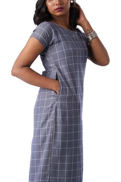 Grey Check Kurta with side Embroidery
