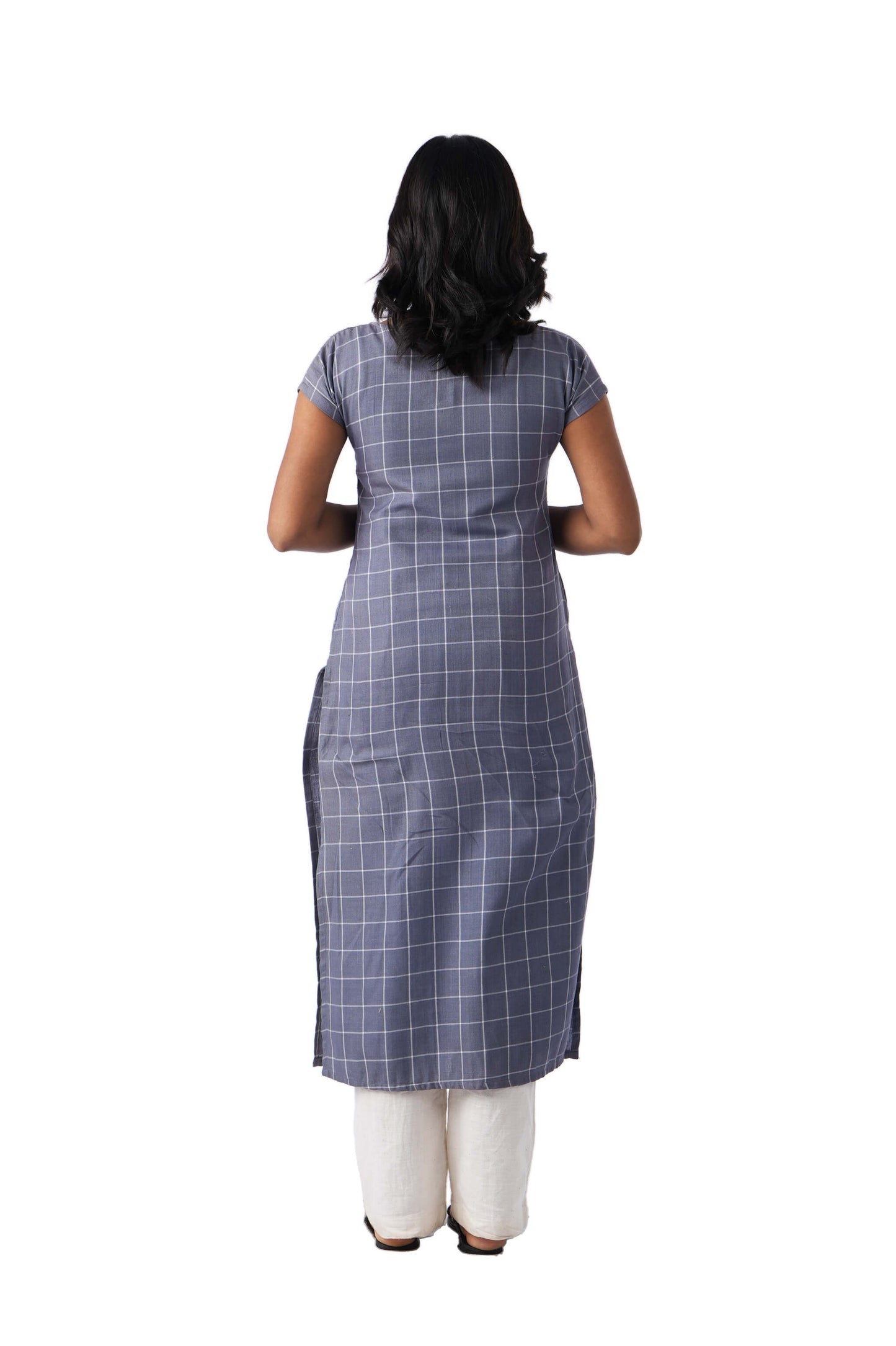 Grey Check Kurta with side Embroidery