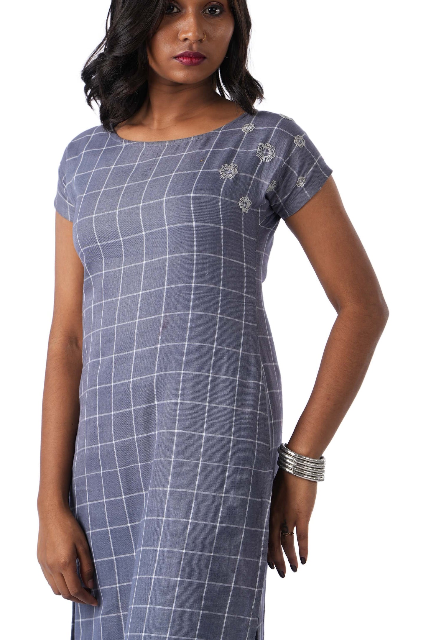 Grey Check Kurta with side Embroidery