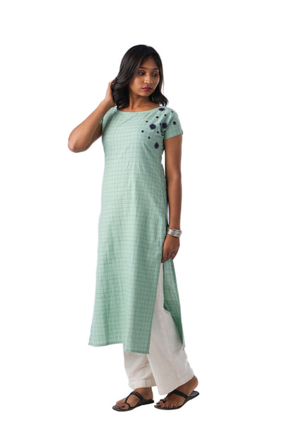Green Check embroidery kurta