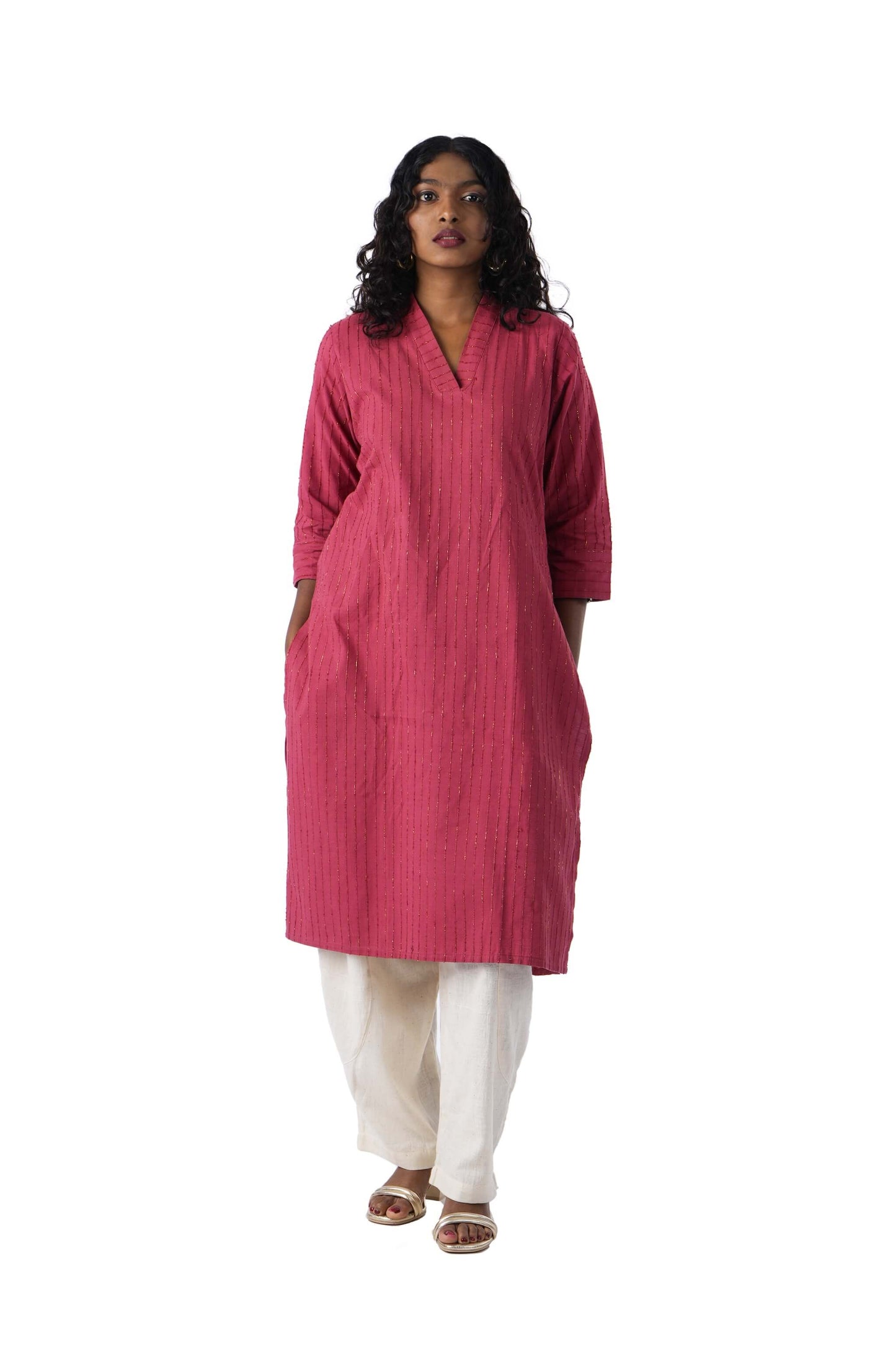 Red Kurta with Golden weave