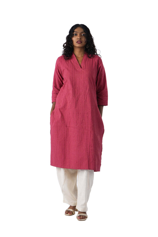 Red Kurta with Golden weave