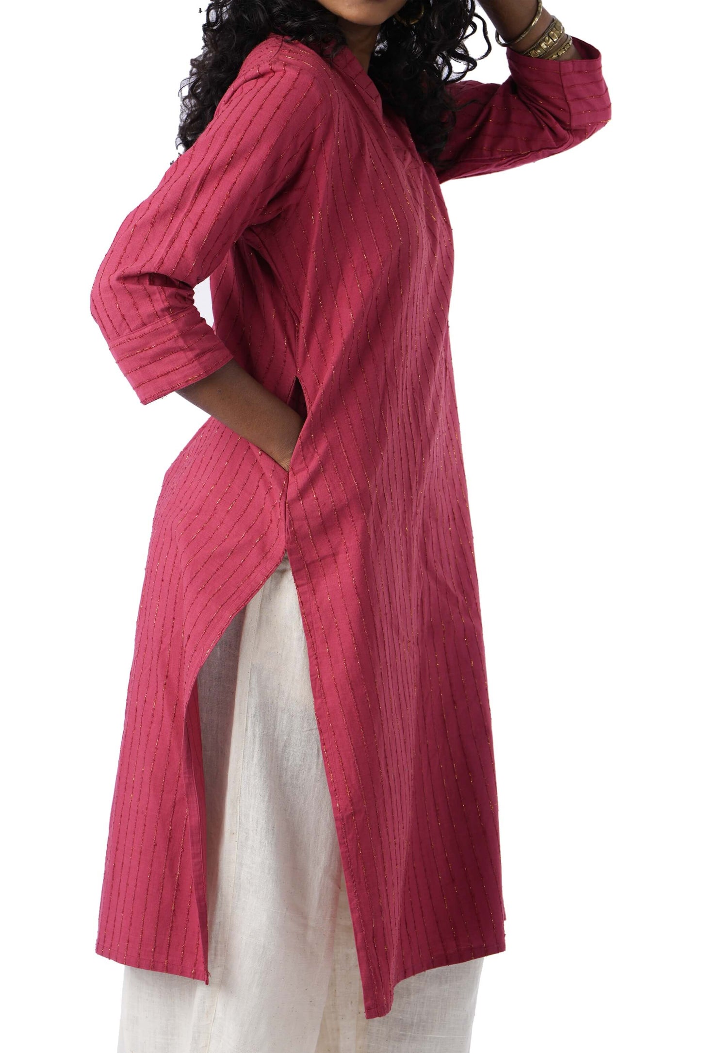 Red Kurta with Golden weave