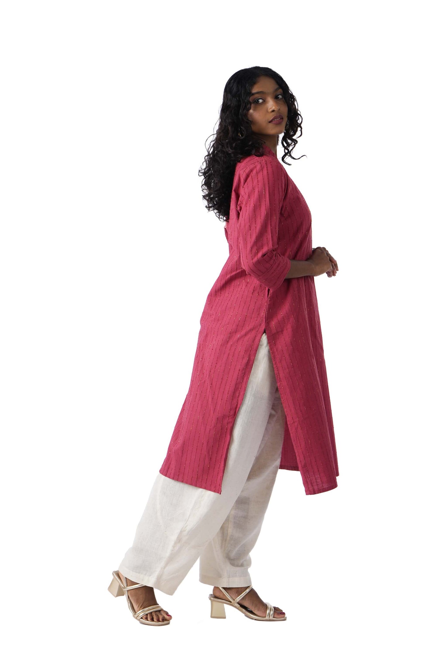 Red Kurta with Golden weave