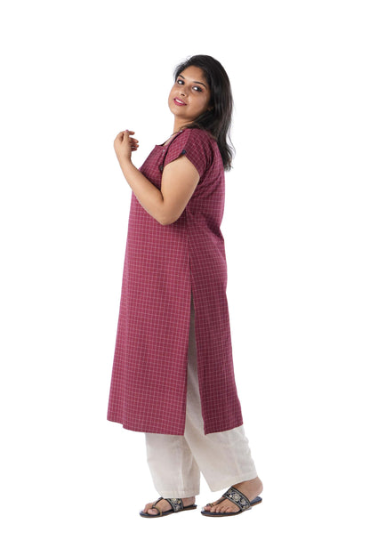 Maroon Check kurta with side Embroidery