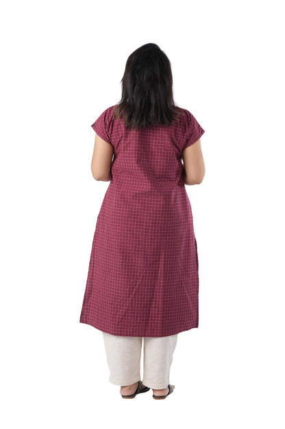Maroon Check kurta with side Embroidery