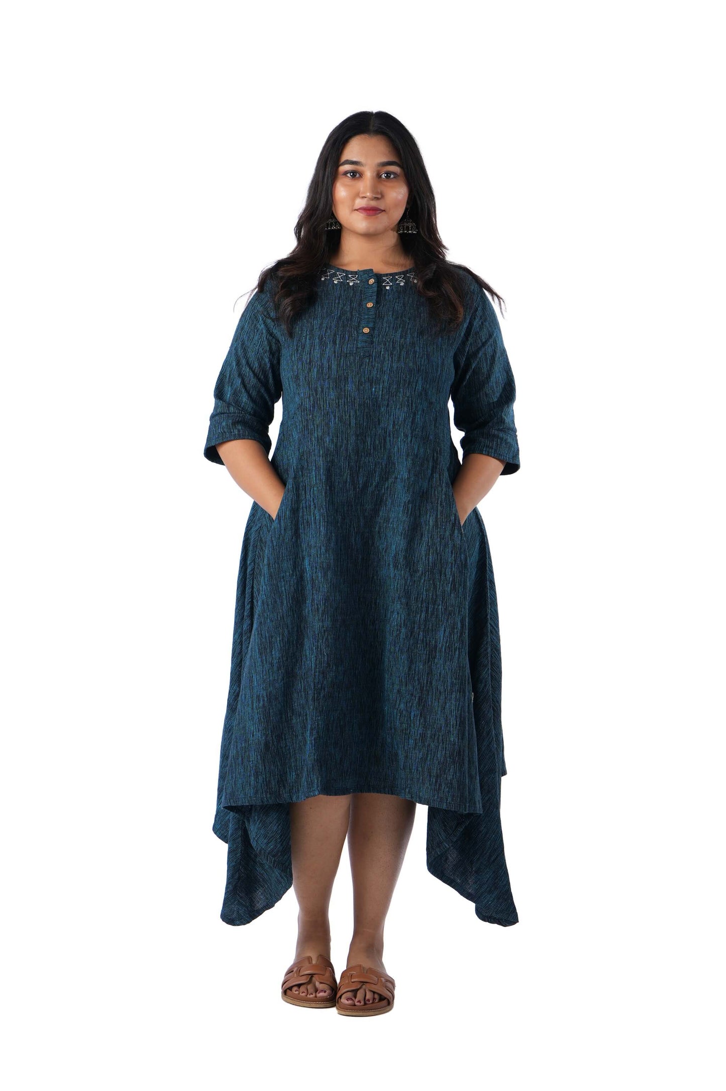 Blue khadi white Embroidery on neck