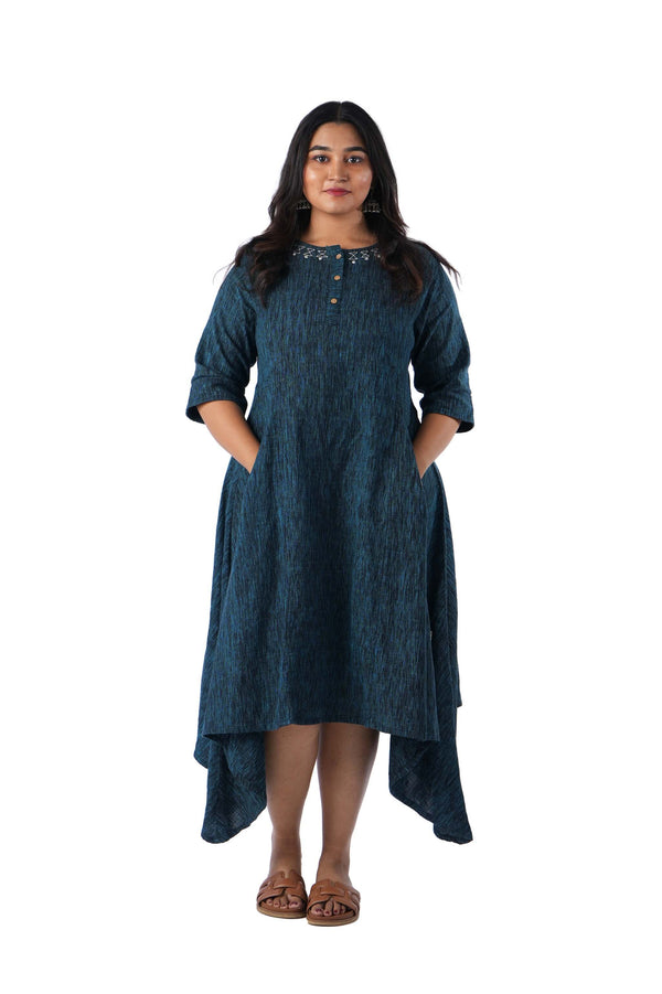 Blue khadi white Embroidery on neck