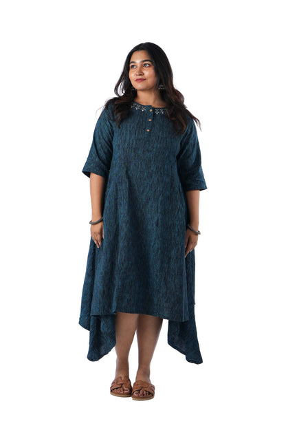 Blue khadi white Embroidery on neck