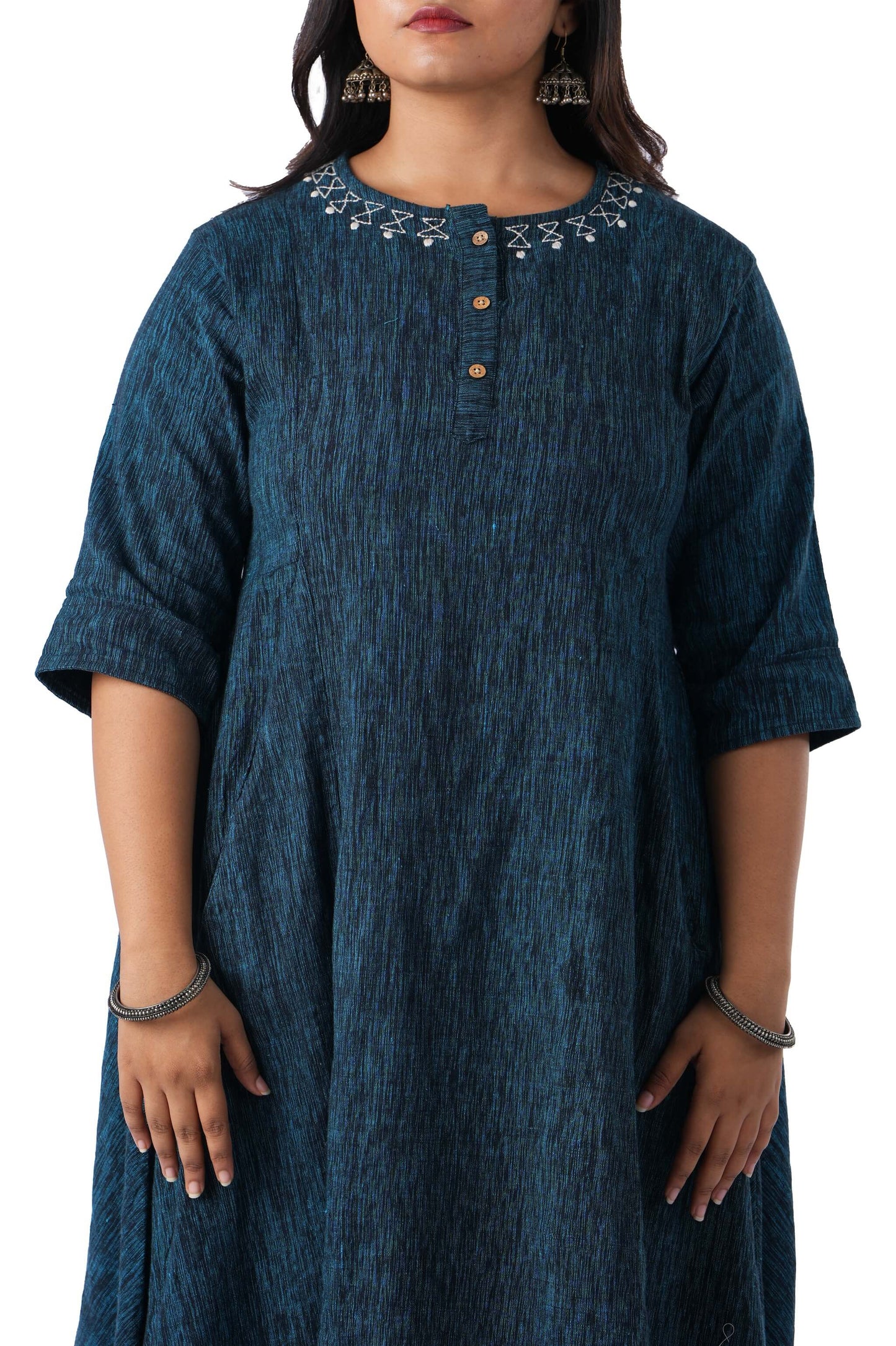 Blue khadi white Embroidery on neck