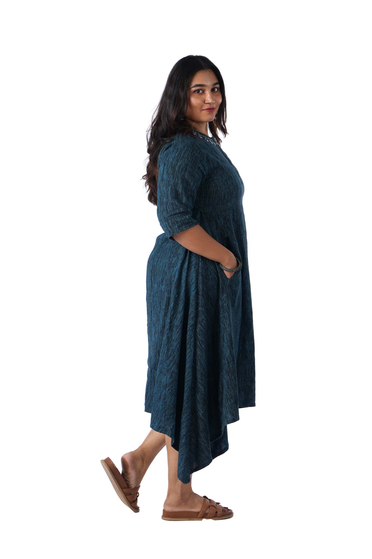 Blue khadi white Embroidery on neck