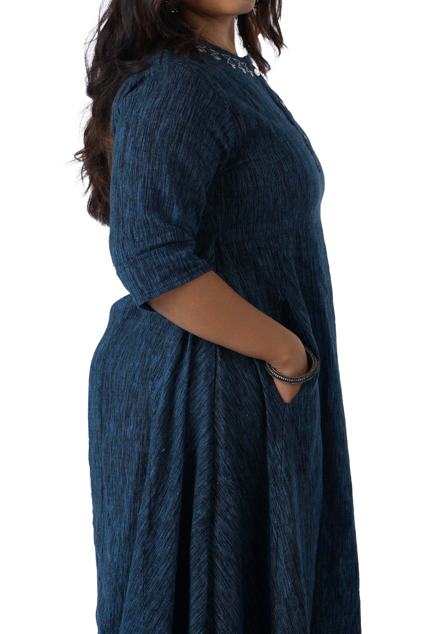 Blue khadi white Embroidery on neck