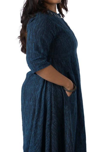 Blue khadi white Embroidery on neck