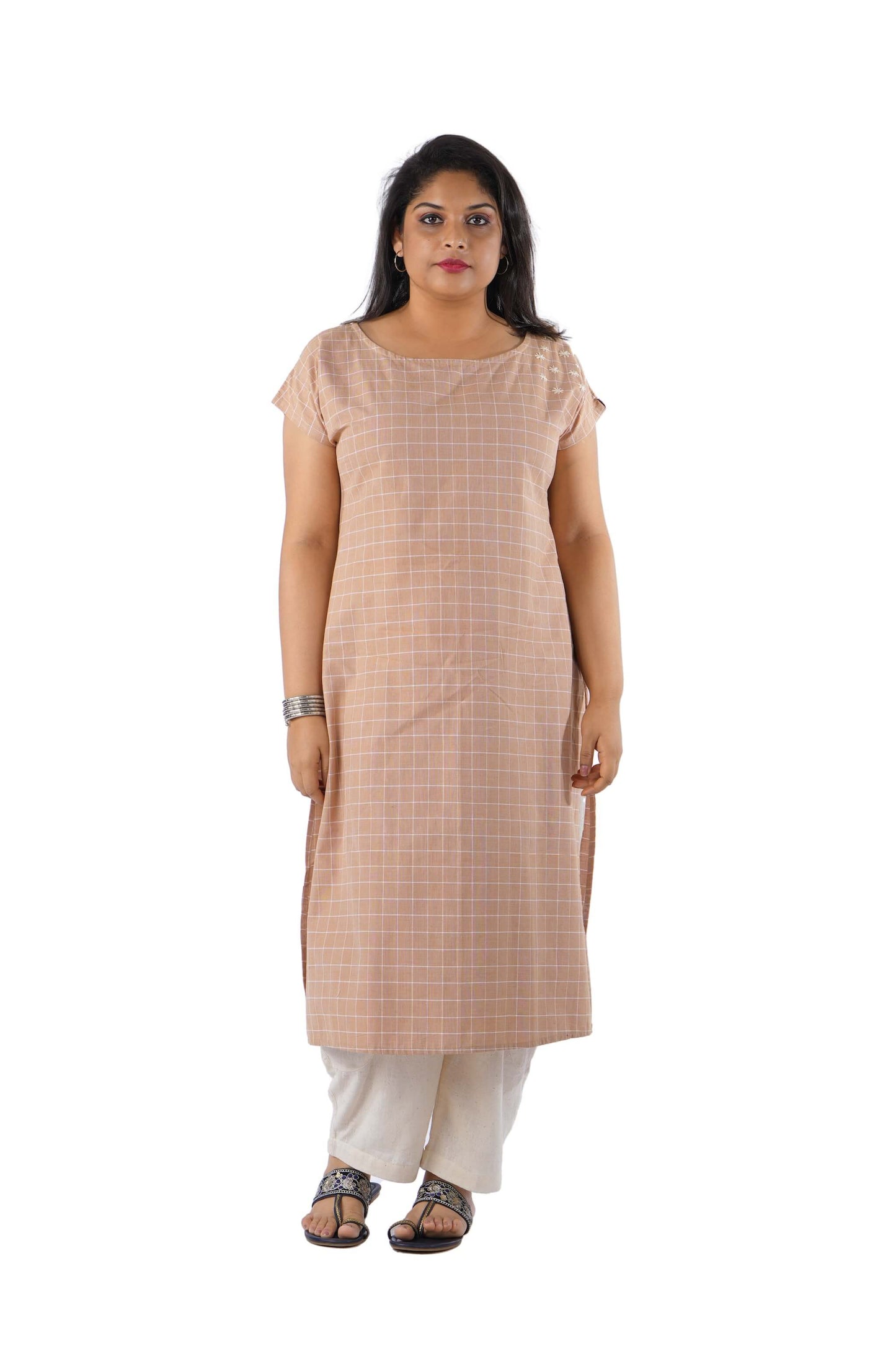 Beige Check Kurta with Embroidery
