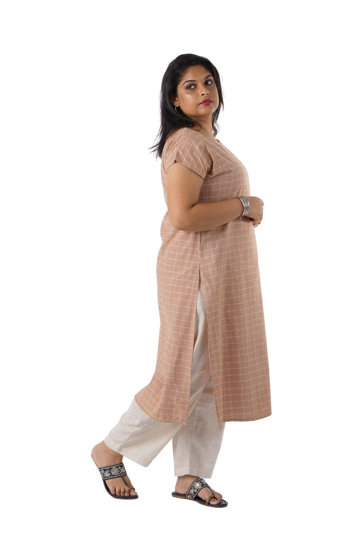 Beige Check Kurta with Embroidery