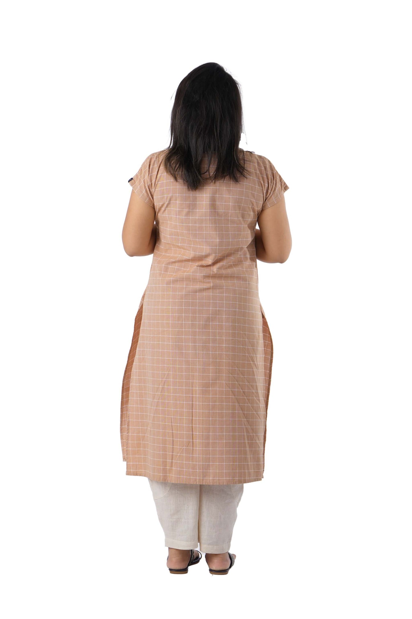 Beige Check Kurta with Embroidery