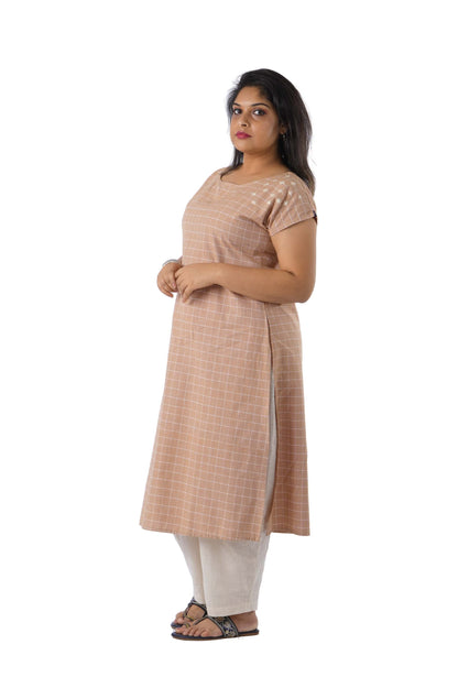 Beige Check Kurta with Embroidery