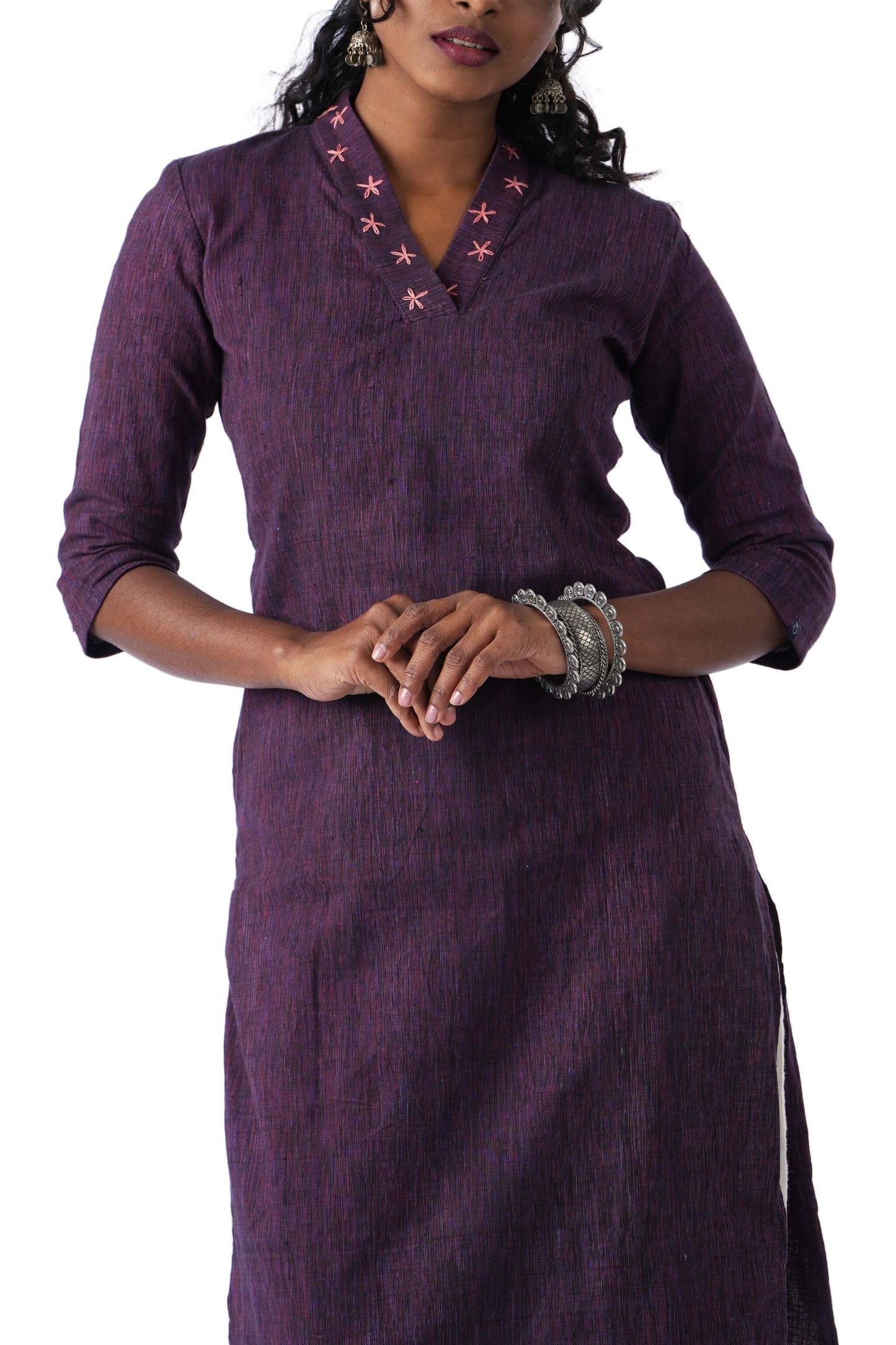 Purple Kurta with Embroidery in Neckline