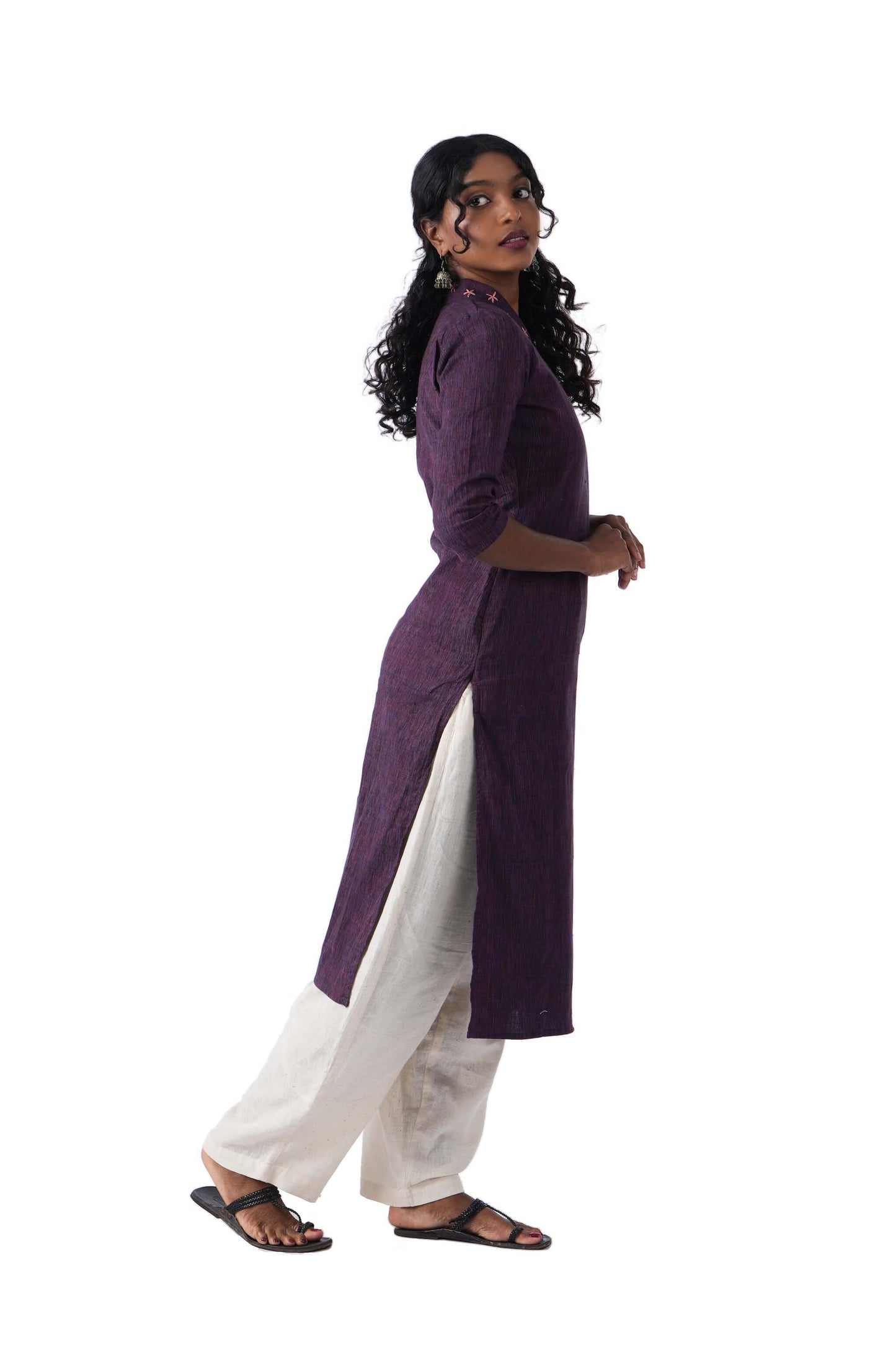 Purple Kurta with Embroidery in Neckline