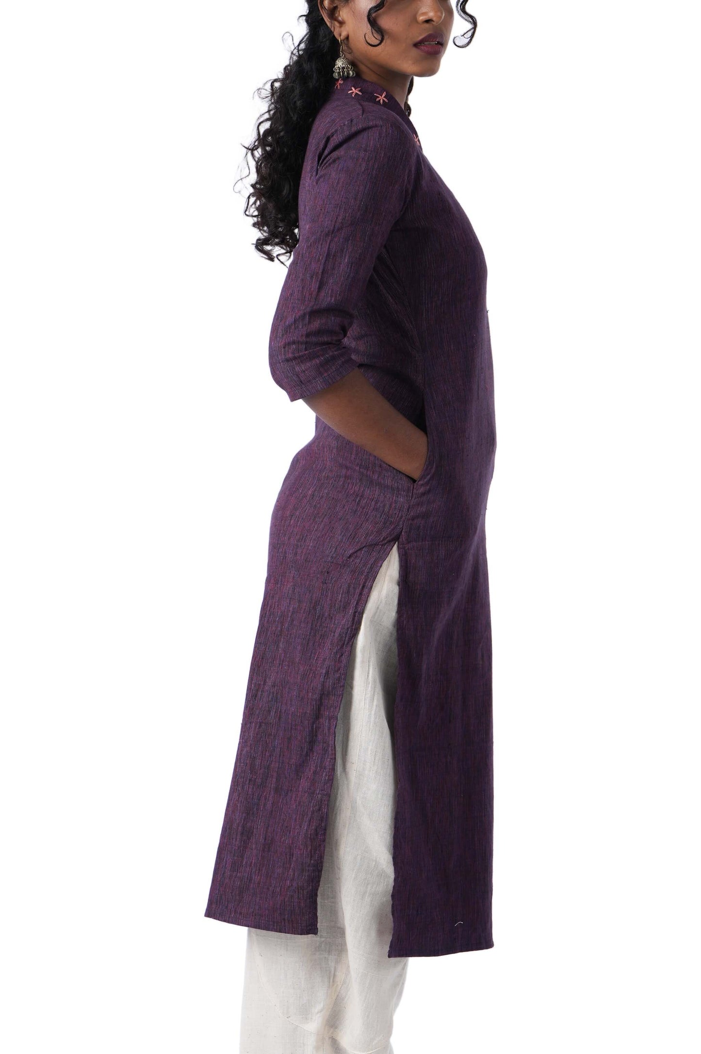 Purple Kurta with Embroidery in Neckline