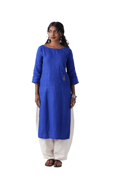 Dark Blue Kurta With Pocket Embroidery