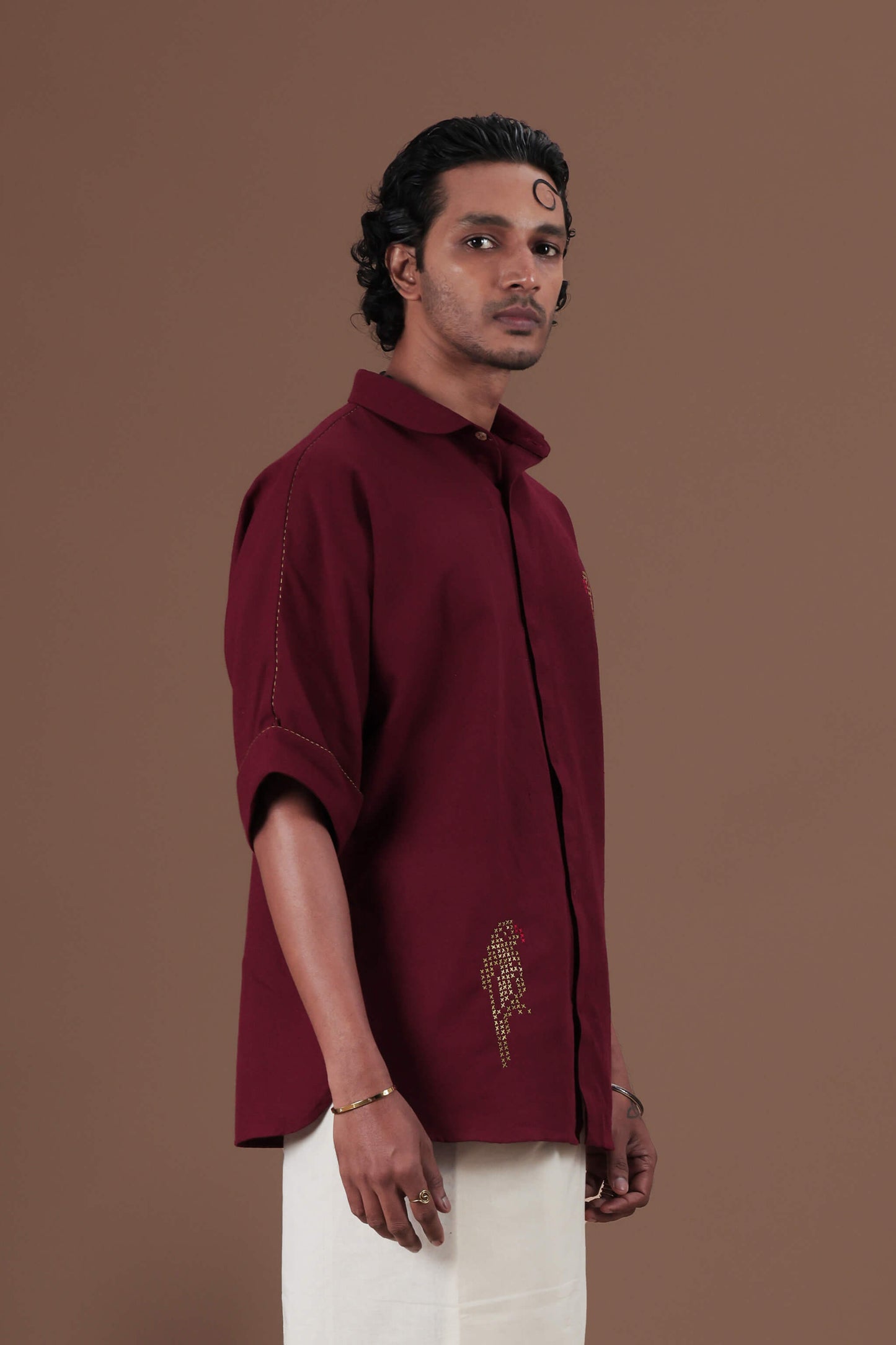 Cross stitch Parrot Motif Hand Embroidered Men's shirt